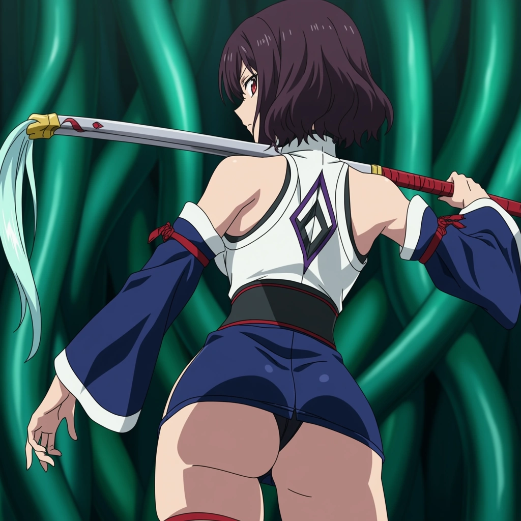 professional photo, high detail, brunette woman, thigh strap, detached sleeves, tentacle, depth of field, over the shoulder, natural skin texture