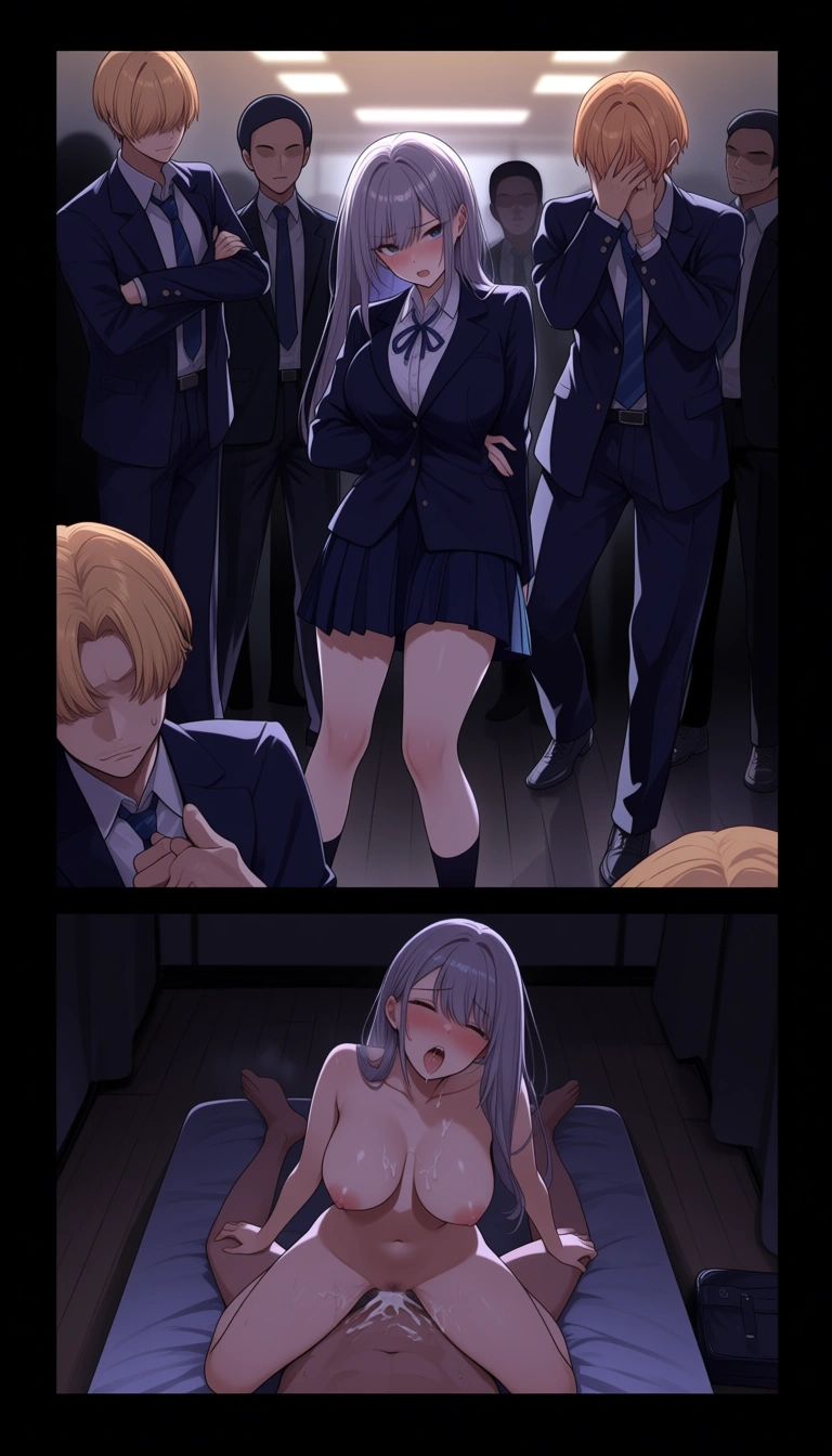 masterpiece, highres, polished lighting
---------
multiple_views, multiple_boys, 1girl, school_uniform, skirt 
--------
Scene: fully clothed, nervous, crossed_arms, full_body
--------
Scene: nude , cowgirl_position, cum, breast_sucking, submissive, moaning, embarrassed, gangbang 

------
Hentai, hentai_studio_quality, hentai_studio_quality
