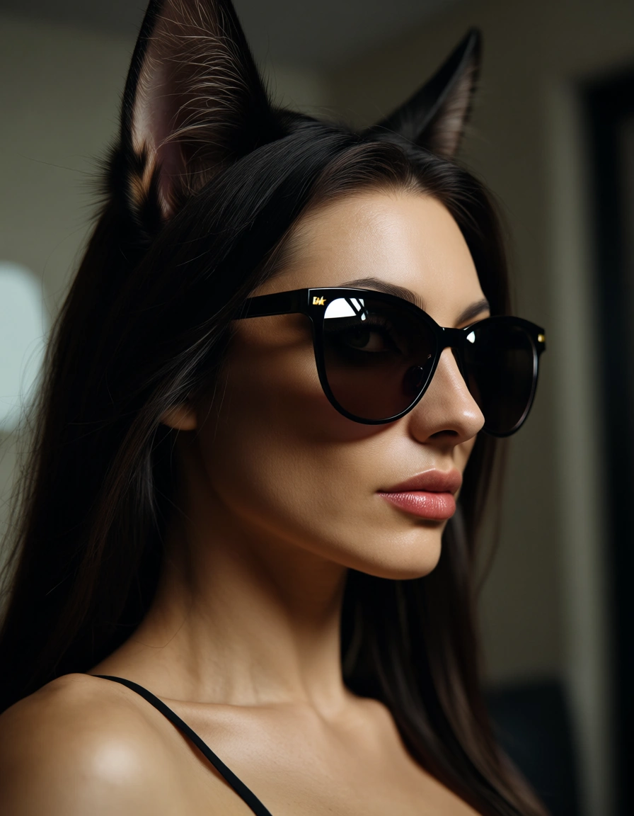 8k, sharp focus, detailed skin, side view, catgirl, facesitting, sunglasses, indoors, dominant stare, dslr quality, score_9, score_8, candid photo, realistic skin texture, visible skin pores, film grain, depth of field