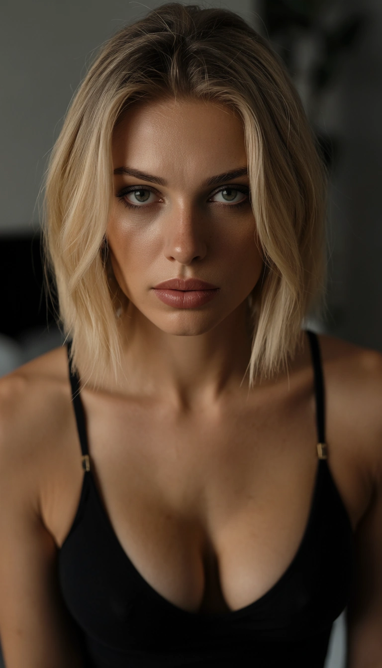 Eine sexy blonde Sekretärin wird auf einem Schreibtisch von hinten heftig genommen. Sie hat leicht lockige Haare und trägt oben nur einen weißen BH und eine flache Goldkette um den Hals. Ihr schwarzer Rock ist nach oben geschoben und man sieht ihre weißen Strapse. Sie trägt keinen Slip. Sie trägt auch goldene Armreife am Handgelenk.
