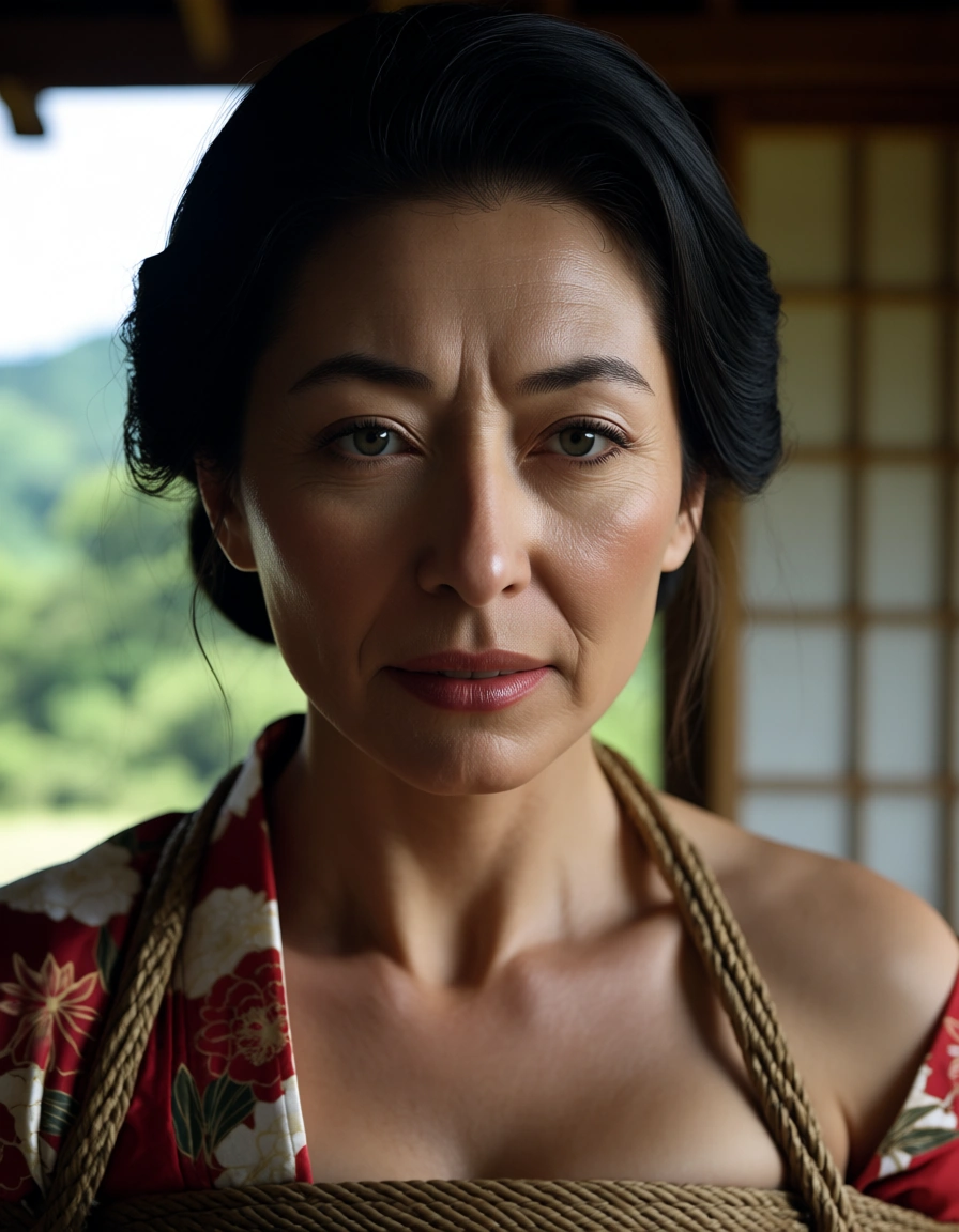 studio quality, sharp focus, mature female, bare arms, japanese clothes, bondage, day, extreme close-up, film photography, score_9, score_8, candid photo, realistic skin texture, visible skin pores, film grain, depth of field