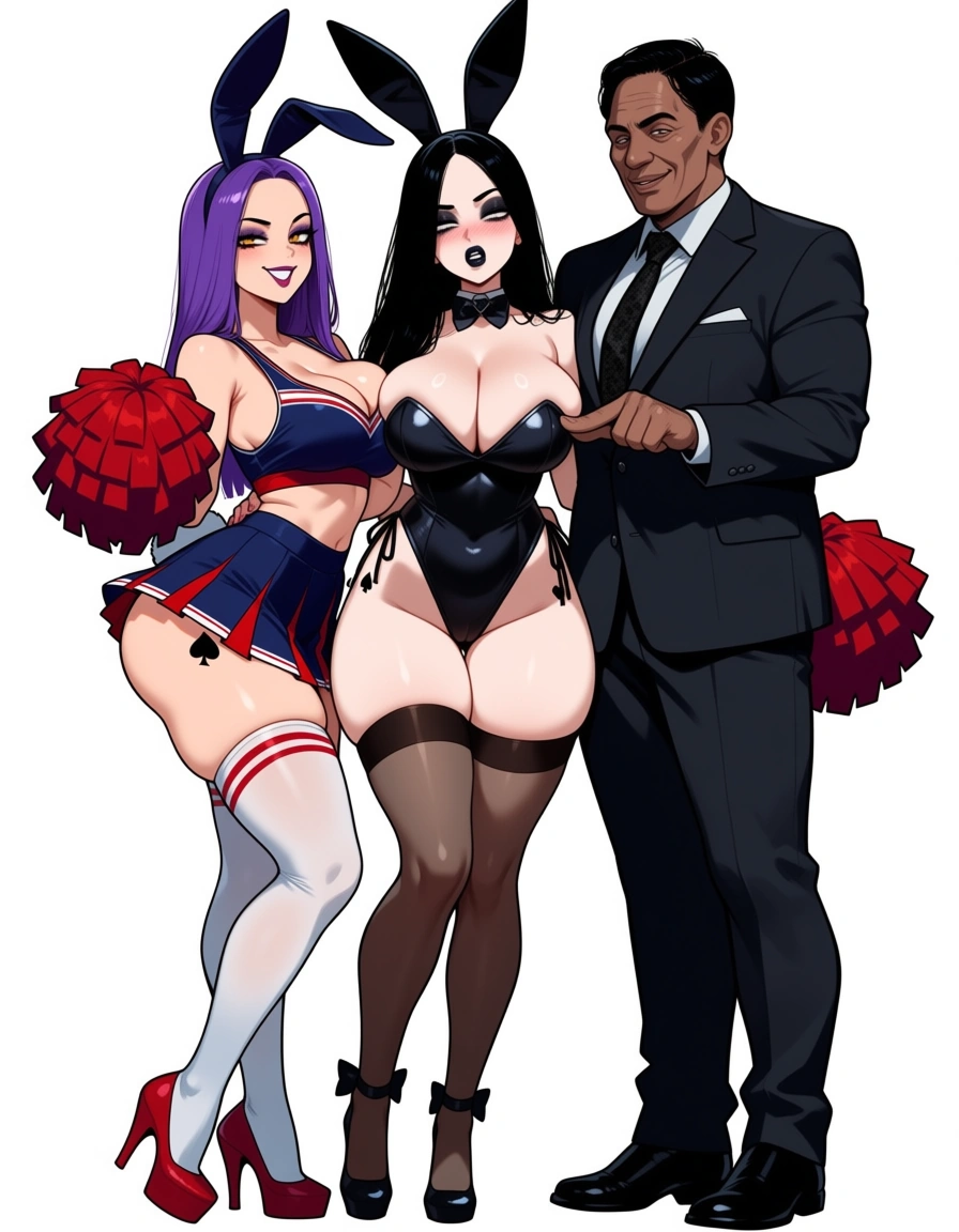 masterpiece, vivid, clean art, 2girls, 1boy, brown man, long_hair, eager , encouraging, playboy_bunny , goth, black_hair , perfect feet , thighhighs, rabbit_ears , rabbit_tail, makeup , thighs , perfect_face, perfect_anataomy, perfect_proportions, spade tattoo on thigh, skirt, cheerleader , blush, light_smile, BBC, interacial man, standing , ass_visible_through_thighs , heart-shaped_pupils , pom_pom_(clothes) ,, hentai_studio_quality, hentai_studio_quality