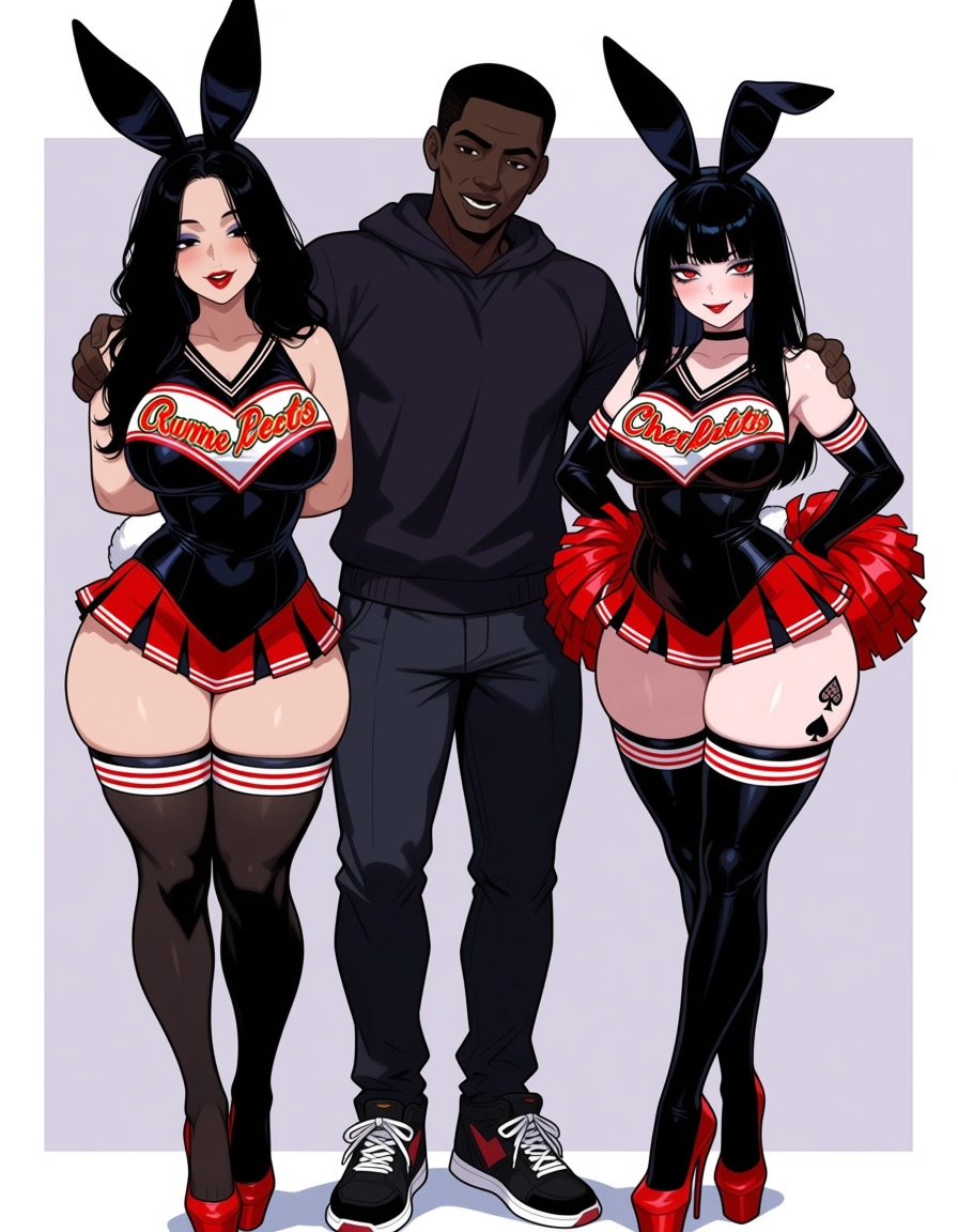 masterpiece, vivid, clean art, 2girls, 1boy, dark-skinned_male , long_hair, eager , encouraging, playboy_bunny , goth, black_hair , perfect feet , thighhighs, rabbit_ears , rabbit_tail, makeup , thighs , perfect_face, perfect_anataomy, perfect_proportions, spade tattoo on thigh, skirt, cheerleader , blush, light_smile, BBC, interacial man, standing , ass_visible_through_thighs , heart-shaped_pupils , pom_pom_(clothes) ,, hentai_studio_quality