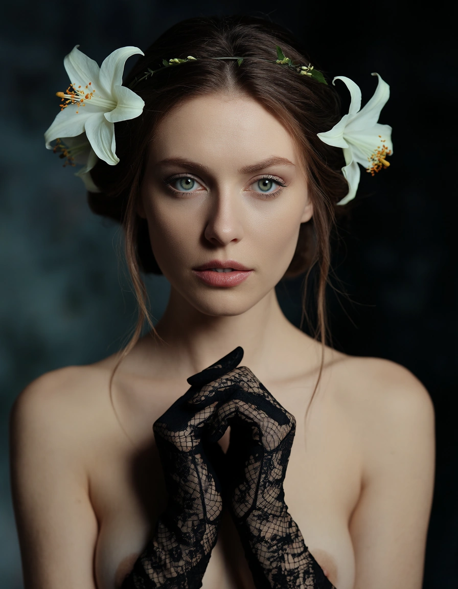 studio quality, sharp focus, princess, hair flower, gloves, topless, RAW photo, score_9, score_8, candid photo, realistic skin texture, visible skin pores, film grain, depth of field