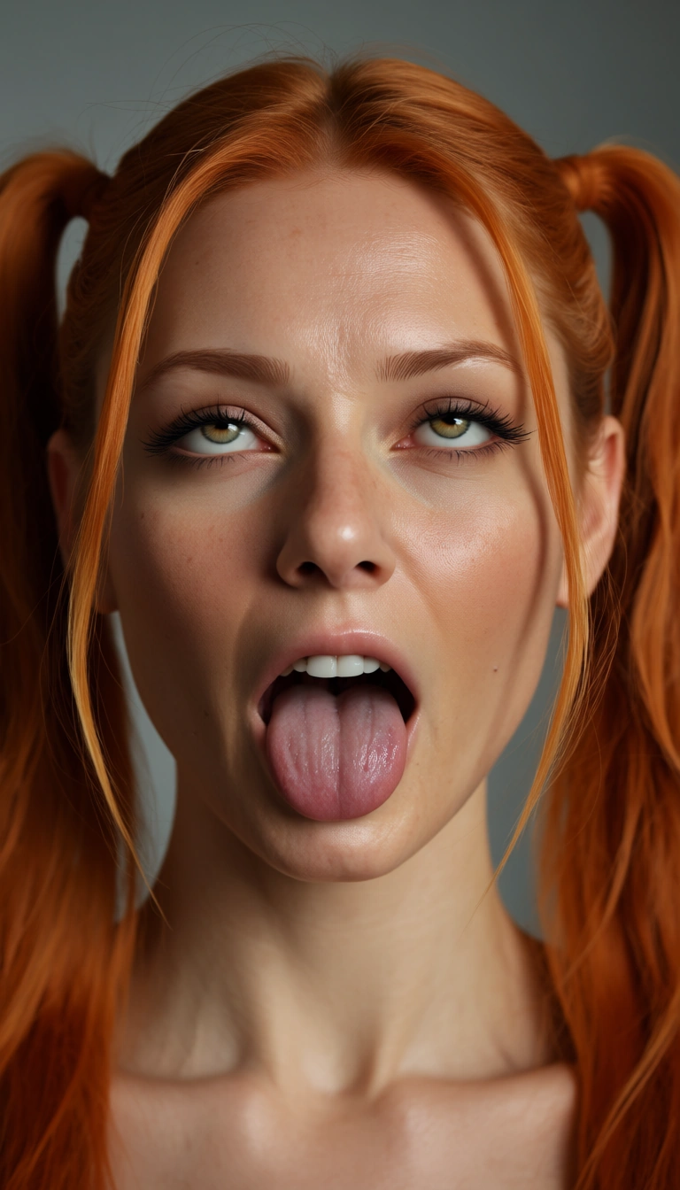 Pigtails, cute ginger girl, orgasm ahegao, close-up face