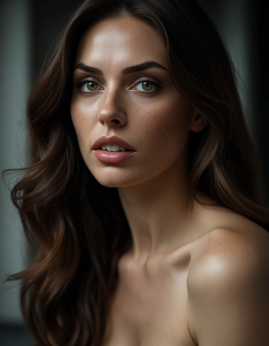 woman with monster, score_9, score_8, candid photo, realistic skin texture, visible skin pores, film grain, depth of field