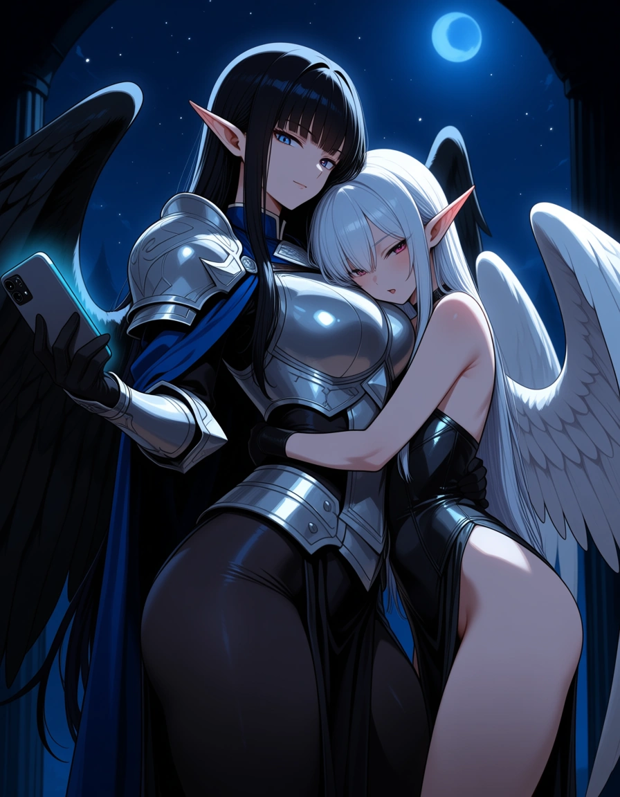 angel_wings, sky, night_sky, hug, black_hair, breastplate, smartphone, femdom, elf, princess_carry, hentai_studio_quality