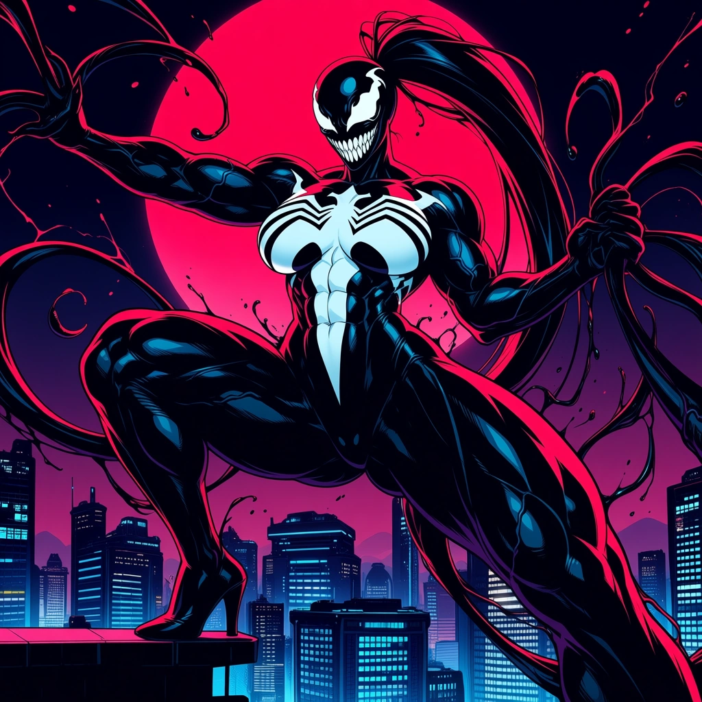 1girl, (She-Venom, very long ponytail, big tall & muscular with hourglass figure, very large breasts, drooling, symbiote high heeled feet, amazon-sized symbiote female), (toned defined abs), (big muscular symbiote female), (big broad shoulders), (big symbiote girl), (big female symbiote with bulk proportions), (big muscle symbiote girl with bulk proportions), (big calves), (big thighs), (big arms), (big biceps), (big veiny symbiote), (big veiny shoulders), (big veiny abs), (big veiny muscular female symbiote), (big veiny symbiote girl), (big veiny calves), (big veiny thighs), (big veiny arms), (big veiny biceps), standing, fully erected veiny penis, red nighttime, red moon, futuristic city rooftop masterpiece digital painting, exquisite lightning and composition, 8k, sharp, very detailed, high resolution, illustration, breathtaking artwork, painterly art style, high quality, anime art, anime-style illustration with perfect clean lines, anime drawing/art, bold linework, cel shaded, anime-style digital illustration, it's an anime-inspired 3D-style anime illustration. Aesthetic high-skill, professional anime illustration, which looks like screencap from an anime series,. It has clean line work and a pleasant, appealing drawn aesthetic style. Overall, it's a world-class illustration with flawless line work, perfect composition, and impeccable detail. It's an anime screencap from a popular anime. Beautiful visual quality, remastered, extremely high quality, very aesthetic, high production value, high-skill masterpiece. The impeccable and beautiful composition and contrast. It's exquisite anime screencap style image. [sharp-line-anime-style]