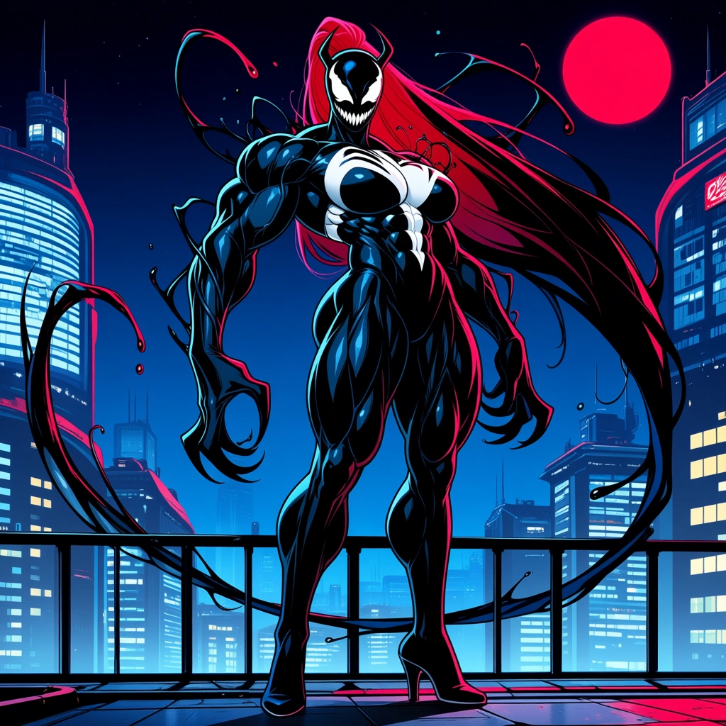 1girl Futanari, (She-Venom, very long ponytail, big tall & muscular with hourglass figure, very large breasts, drooling, symbiote high heeled feet, amazon-sized symbiote female), (toned defined abs), (big muscular symbiote female), (big broad shoulders), (big symbiote girl), (big female symbiote with bulk proportions), (big muscle symbiote girl with bulk proportions), (big calves), (big thighs), (big arms), (big biceps), (big veiny symbiote), (big veiny shoulders), (big veiny abs), (big veiny muscular female symbiote), (big veiny symbiote girl), (big veiny calves), (big veiny thighs), (big veiny arms), (big veiny biceps), standing,  well-endowed fully erected veiny penis, red nighttime, red moon, futuristic city rooftop masterpiece digital painting, exquisite lightning and composition, 8k, sharp, very detailed, high resolution, illustration, breathtaking artwork, painterly art style, high quality, anime art, anime-style illustration with perfect clean lines, anime drawing/art, bold linework, cel shaded, anime-style digital illustration, it's an anime-inspired 3D-style anime illustration. Aesthetic high-skill, professional anime illustration, which looks like screencap from an anime series,. It has clean line work and a pleasant, appealing drawn aesthetic style. Overall, it's a world-class illustration with flawless line work, perfect composition, and impeccable detail. It's an anime screencap from a popular anime. Beautiful visual quality, remastered, extremely high quality, very aesthetic, high production value, high-skill masterpiece. The impeccable and beautiful composition and contrast. It's exquisite anime screencap style image. [sharp-line-anime-style]