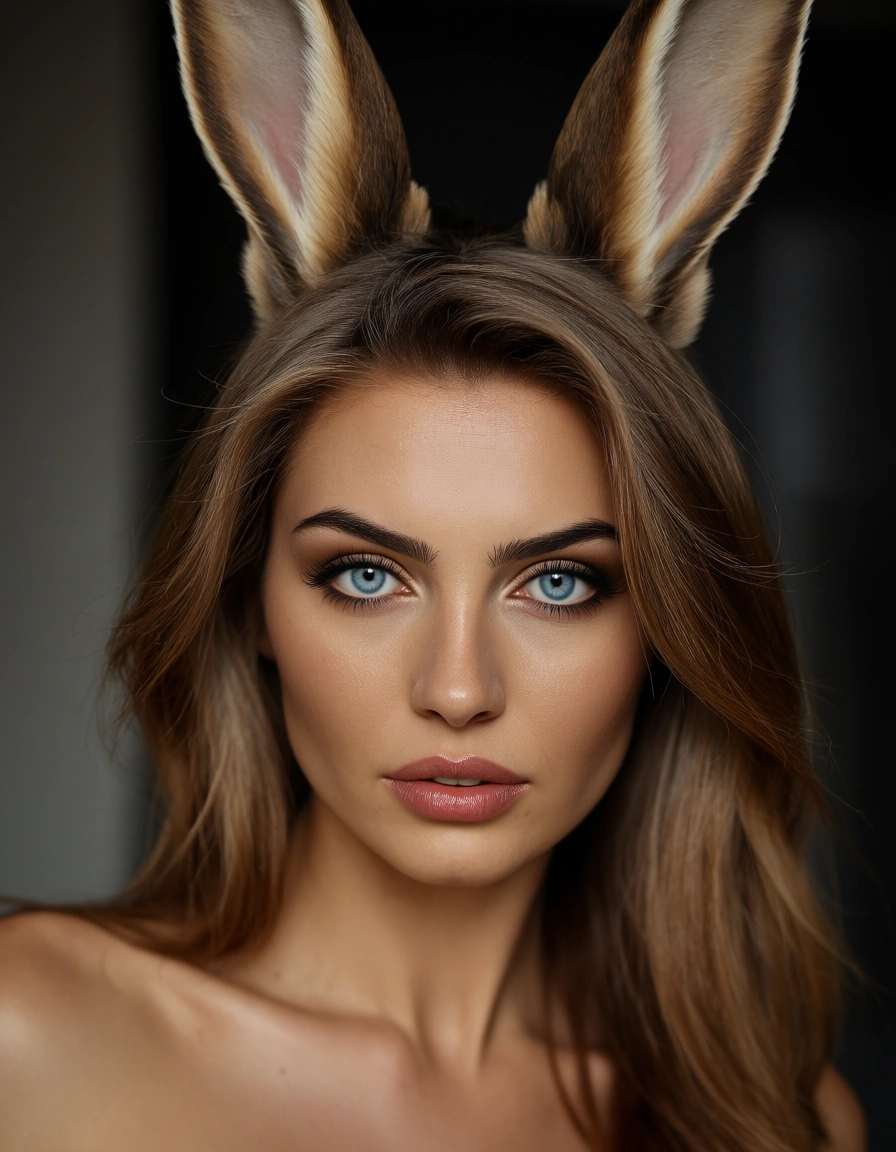 rabbit_ears rabbit_tail woman blue_eyes, score_9, score_8, candid photo, realistic skin texture, visible skin pores, film grain, depth of field