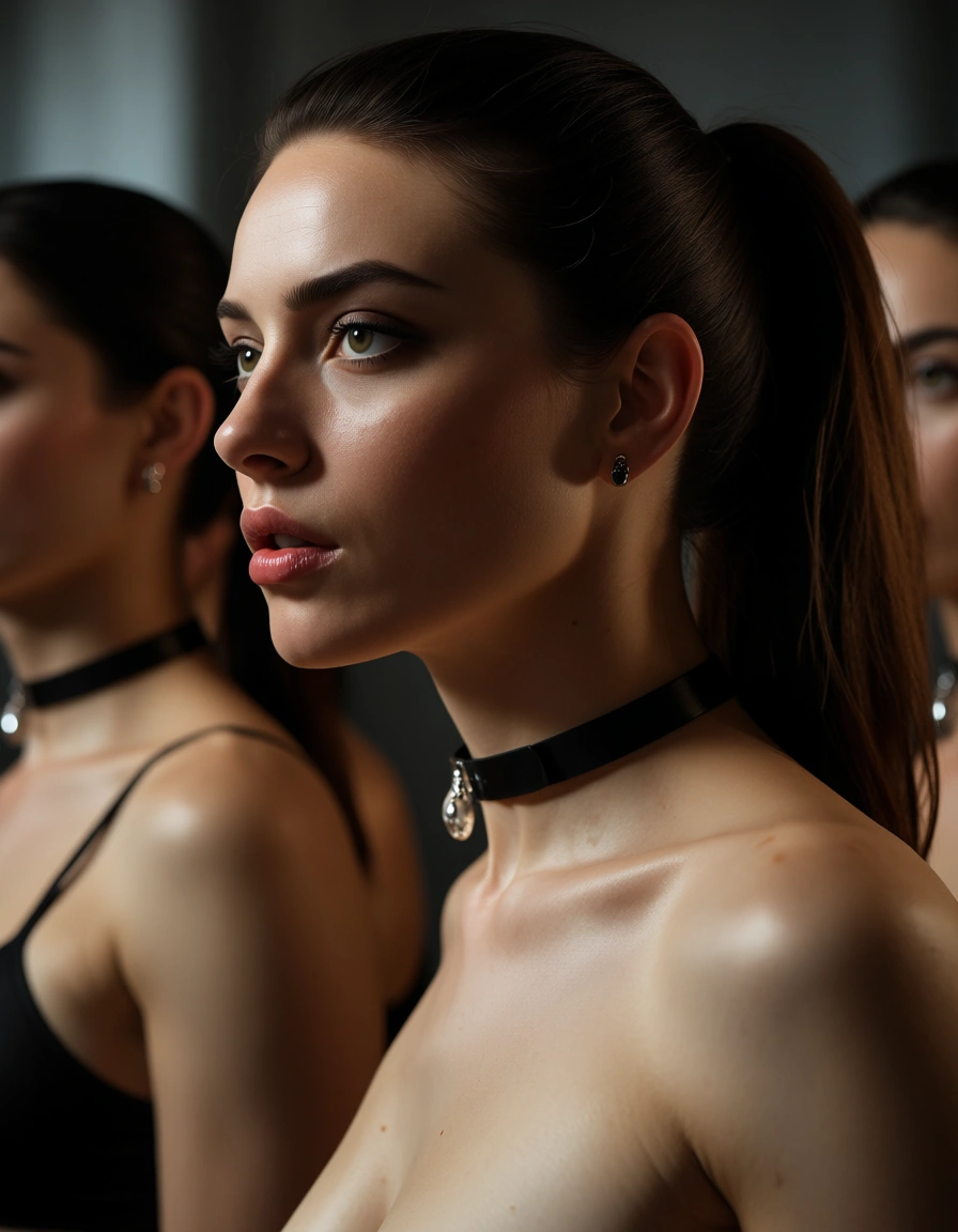 dslr, film grain, photorealistic, 5women, ponytail, choker, creampie, volumetric light, cinematic realism, score_9, score_8, candid photo, realistic skin texture, visible skin pores, film grain, depth of field