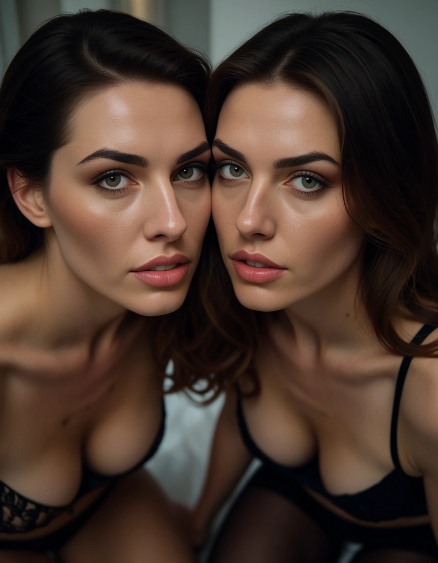 sharp focus, 8k uhd, 2girls, pantyhose, facesitting, cinematic realism, score_9, score_8, candid photo, realistic skin texture, visible skin pores, film grain, depth of field