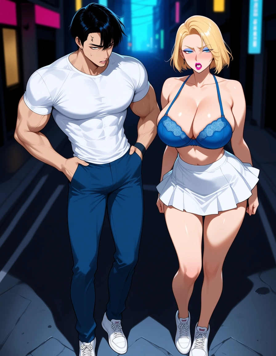 blonde hair female futanari blue eyes blue eyeshadow makeup pink lipstick swearing hooker clothes large breasts blue bra white skirt apporoach short black hair muscular_male wearing white_shirt blue pants and white sneakers streets, hentai_studio_quality, hentai_studio_quality