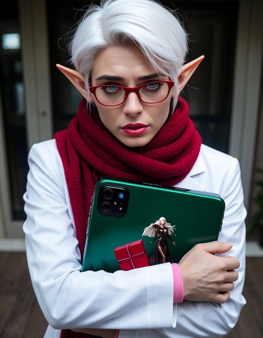 RAW photo, ultra realistic, 1woman, brown footwear, ultra HD, wind_lift, solo female, gift_box, smartphone, goth, picture_frame, simple_background, highly detailed, natural lighting, elf woman, short_hair, pink_lips, nervous, @makise_kurisu, lab_coat, science_fiction, close-up, lipstick, bdsm, blue_eyes, white_hair, hime_cut, official_art, walking, princess_carry, oversized_object, pink_sweater, male_focus, femdom, holding_umbrella, red-framed_eyewear, red_scarf, hugging_object, score_9, score_8, candid photo, realistic skin texture, visible skin pores, film grain, depth of field