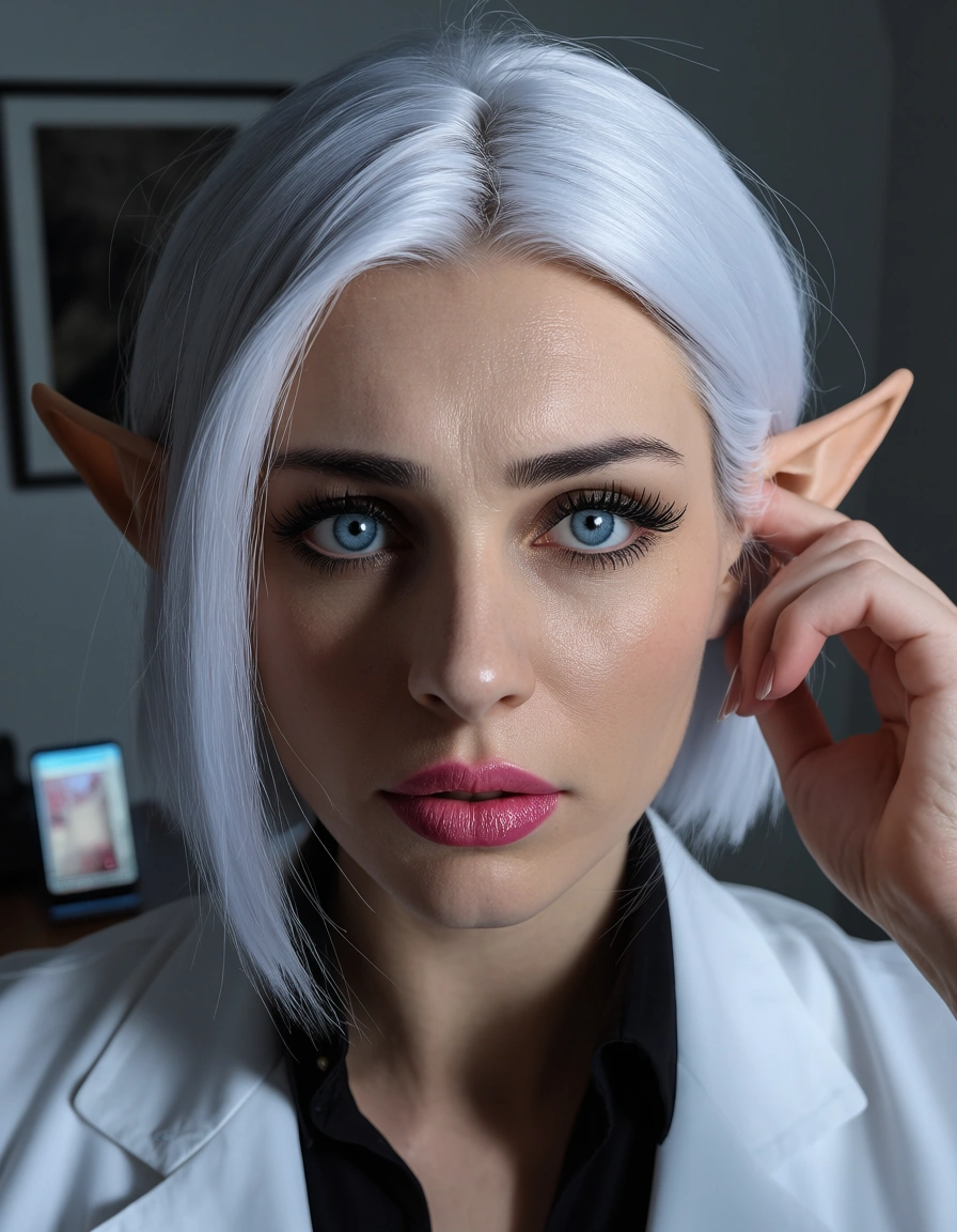 RAW photo, gift_box, @makise_kurisu, smartphone, goth, picture_frame, simple_background, highly detailed, natural lighting, elf woman, adjusting_hair, short_hair, pink_lips, nervous, lab_coat, science_fiction, close-up, lipstick, bdsm, blue_eyes, white_hair, score_9, score_8, candid photo, realistic skin texture, visible skin pores, film grain, depth of field