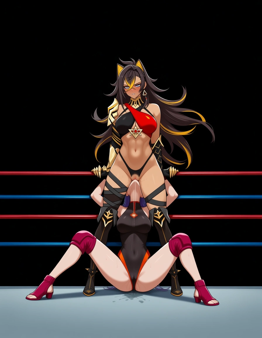 Cinder_fall_(rwby) , @dehya_(genshin_impact) , 2girls yuri sex , wrestling_ring, wrestling orgasm pussy_juice, defeated, squirting ,oral cunnilingus,, hentai_studio_quality, hentai_studio_quality, hentai_studio_quality