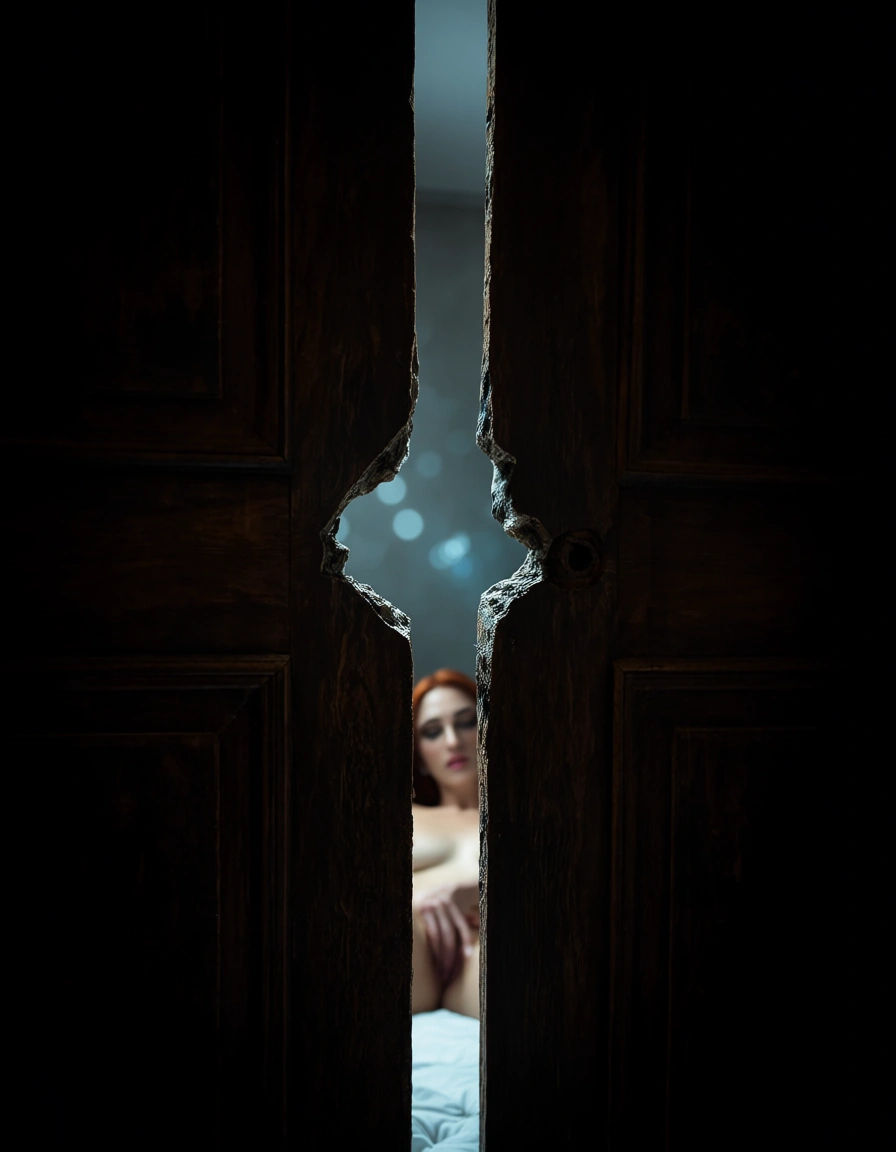 Keyhole reveal composition, gap focus, voyeuristic perspective, looking through irregular small jagged hole in old wooden door, heavily blurred dark wooden door texture filling 50-60% of frame, creamy dreamy bokeh on the rough wood edges, narrow irregular peephole opening, through the small broken hole in the door, distant view of elegantly beautiful euopean redhead woman lying on bed and masturbating,  she is completely unaware of being watched, natural candid pose, slightly turned away,  serene and private moment, cinematic lighting, delicate rim light from behind, soft volumetric god rays cutting through steam, warm tungsten + subtle blue ambient mix, high contrast chiaroscuro, moody intimate atmosphere, film noir sensual undertone, ultra sharp focus on the woman through the narrow gap, razor-sharp detail on face and body,, score_9, score_8, candid photo, realistic skin texture, visible skin pores, film grain, depth of field, score_9, score_8, candid photo, realistic skin texture, visible skin pores, film grain, depth of field