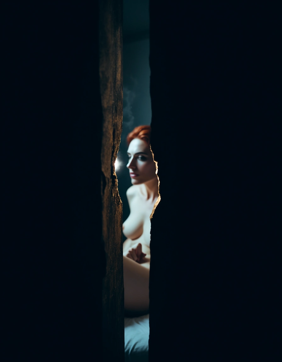 Keyhole reveal composition, gap focus, voyeuristic perspective, looking through irregular small jagged hole in old wooden door, heavily blurred dark wooden door texture filling 50%-60% of frame, creamy dreamy bokeh on the rough wood edges, narrow irregular peephole opening, through the small broken hole in the door, view of elegantly beautiful woman with red hair, lying on bed and masturbating.  She is completely unaware of being watched, natural candid pose, slightly turned away, serene and private moment, cinematic lighting, delicate rim light from behind, soft volumetric god rays cutting through steam, warm tungsten + subtle blue ambient mix, high contrast chiaroscuro, moody intimate atmosphere, film noir sensual undertone, ultra sharp focus on the woman through the narrow gap, razor-sharp detail on face and body,, score_9, score_8, candid photo, realistic skin texture, visible skin pores, film grain, depth of field, score_9, score_8, candid photo, realistic skin texture, visible skin pores, film grain, depth of field