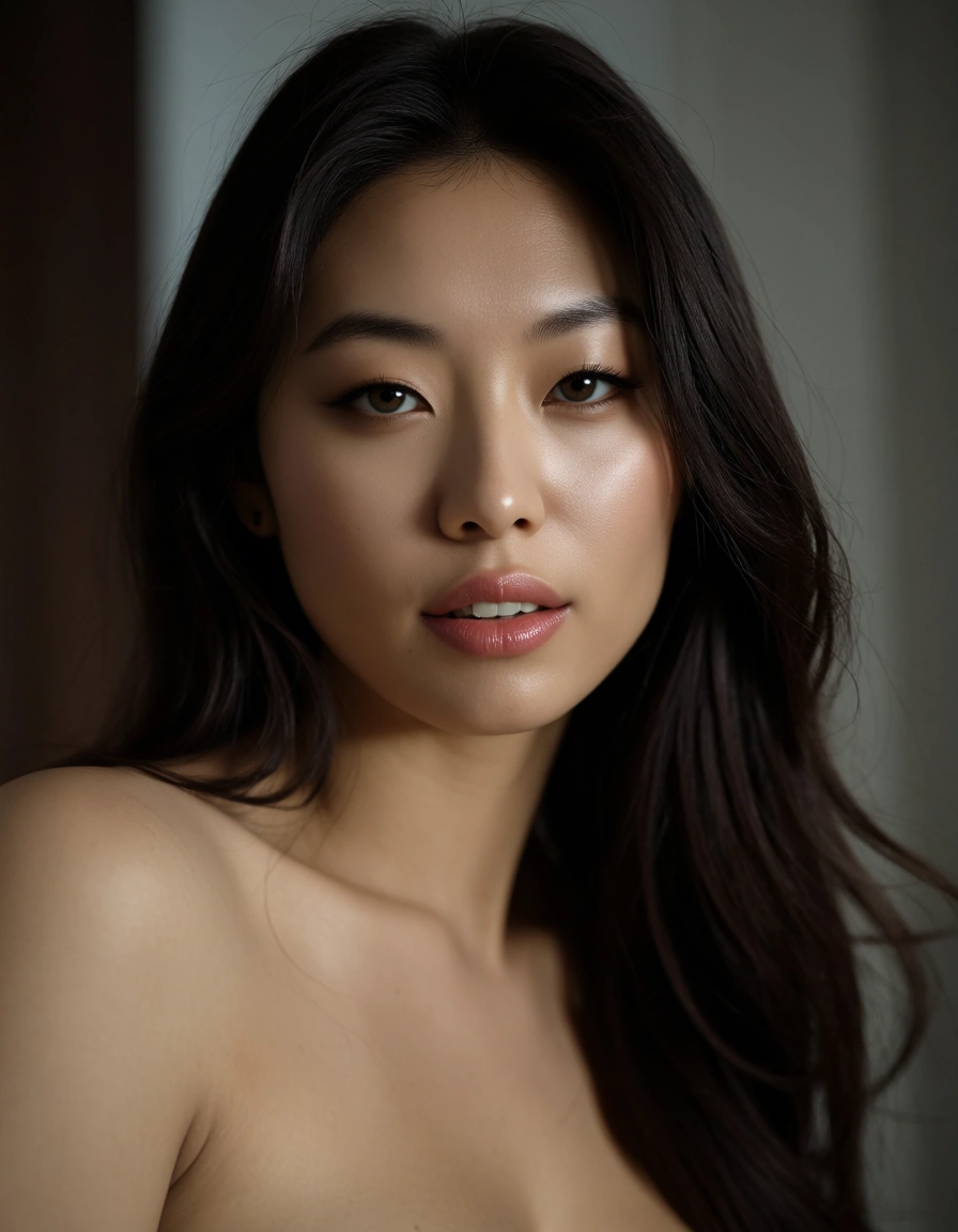 A sexy Asian girl that's thick, score_9, score_8, candid photo, realistic skin texture, visible skin pores, film grain, depth of field