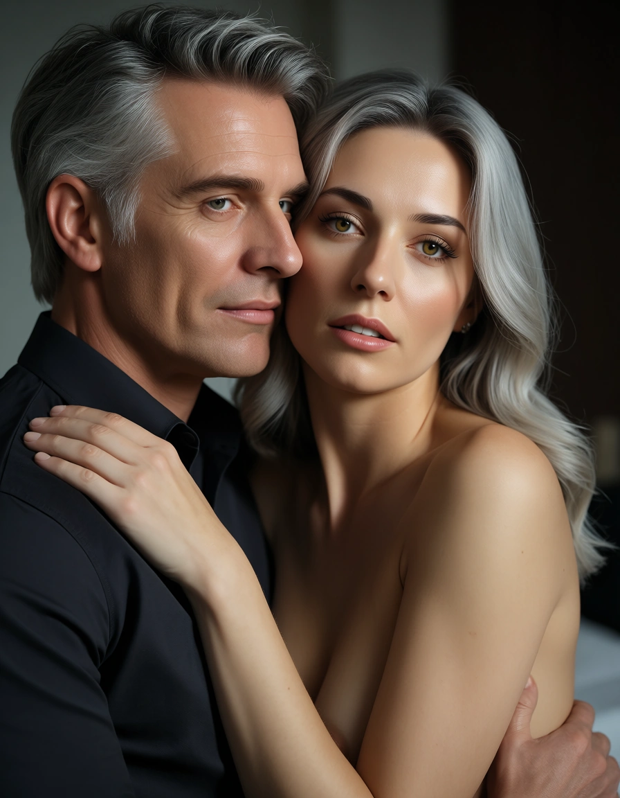 ultra HD, lifelike, couple, grey hair, collared shirt, fully nude, yellow_eyes
hour, studio photo, score_9, score_8, candid photo, realistic skin texture, visible skin pores, film grain, depth of field