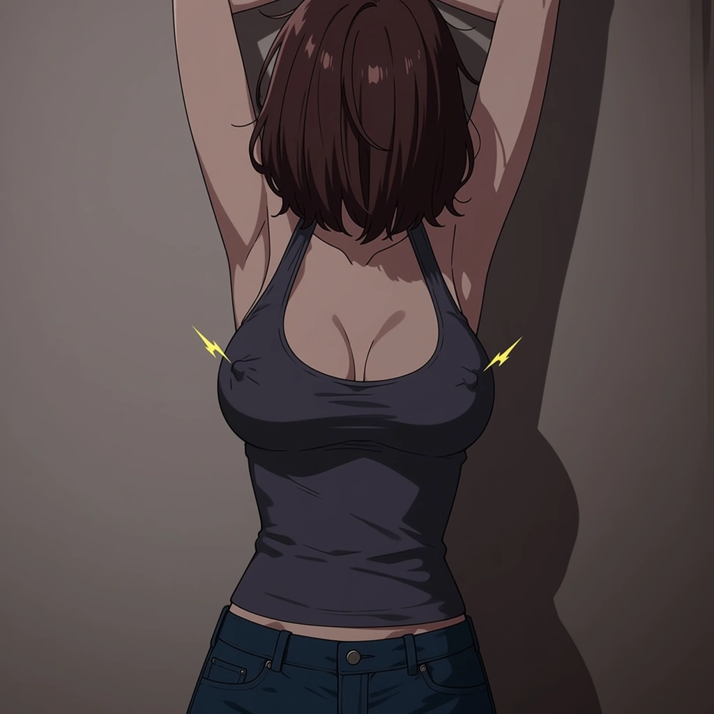 Girl messy short brown hair. Leaning on a wall with arms raised. Wears a tank top with moderate breasts size. No bra underneath the tank top so the nipples are poking from underneath. She wears a pair of denim shorts., hentai_studio_quality