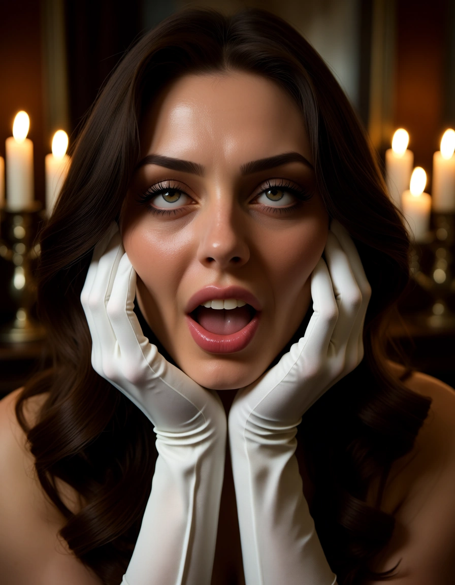 sharp focus, 8k uhd, brunette woman, white gloves, ahegao, candlelight, dslr quality, score_9, score_8, candid photo, realistic skin texture, visible skin pores, film grain, depth of field