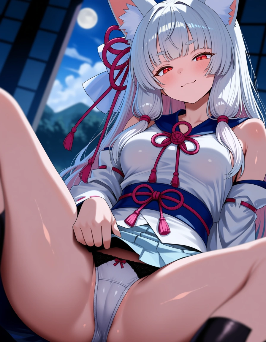 pantyshot white_hair fox_girl teasing petite kotonoha yukino, hentai_studio_quality