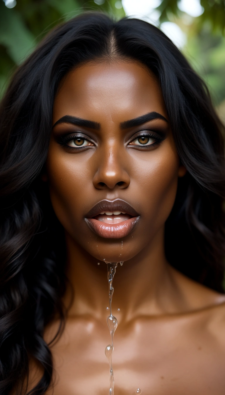 sharp focus, 8k uhd, solo, squirting, dark skin, tree, lustful eyes, photorealistic