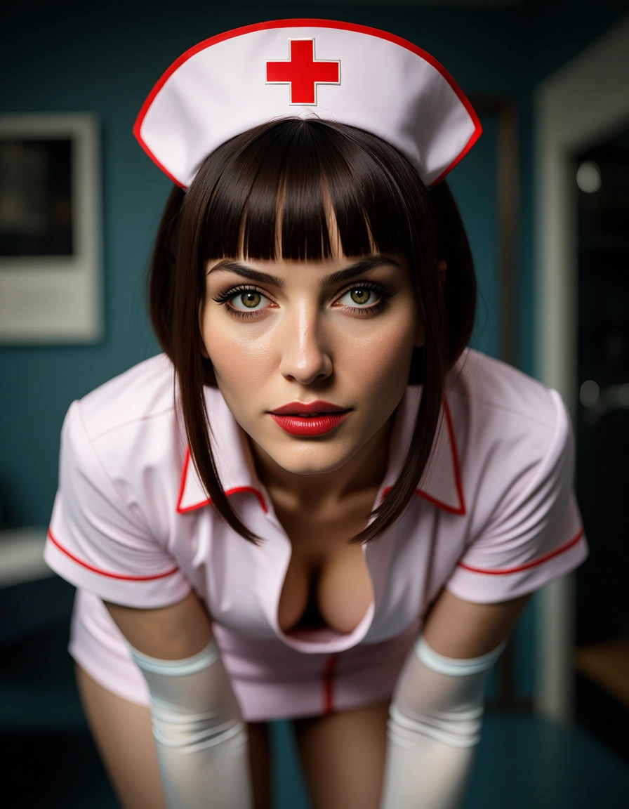 dslr, film grain, photorealistic, nurse, blunt bangs, elbow gloves, bent over, hyperrealistic, score_9, score_8, candid photo, realistic skin texture, visible skin pores, film grain, depth of field