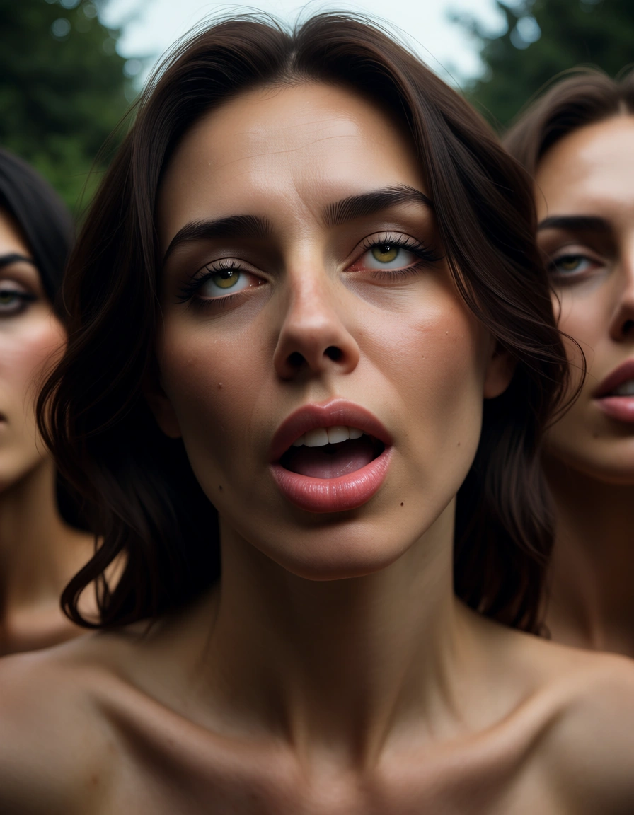 professional photo, high detail, close-up, multiple women, ahegao, lips, tree, smoldering look, cinematic realism, score_9, score_8, candid photo, realistic skin texture, visible skin pores, film grain, depth of field