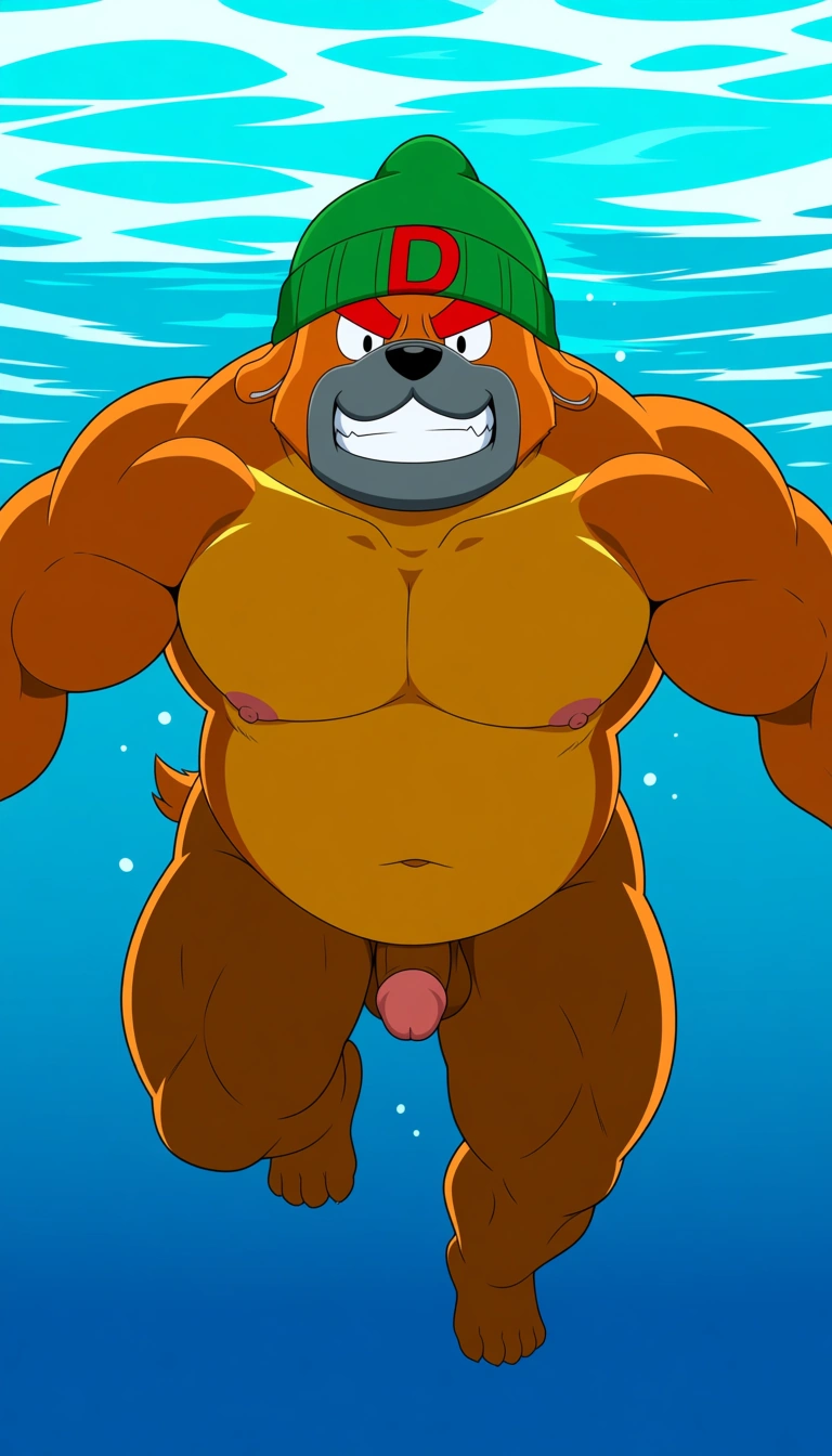 best quality, high quality, amazing quality, male, solo, anthro dog, buff, big and huge muscles, orange body/fur, thick arms, short tail, black eyes, thick red eyebrows, short ears, gray muzzle, black nose, grinning, wide grin, happy, orange belly, orange breast, tusks, angry, green beanie with red "D", bulldog, nipples, navel, naked, penis, humanoid feet, 5 toes, swimming underwater