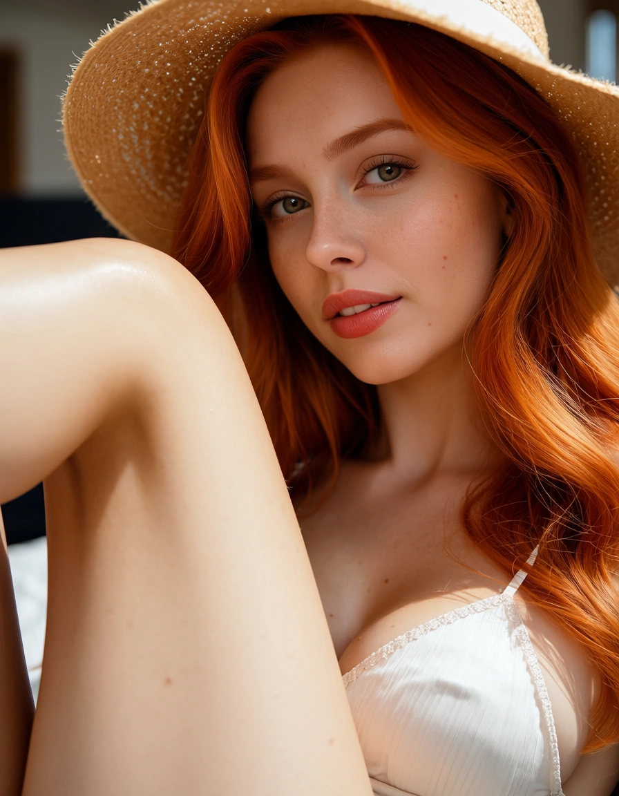 score_9, score_8, @2025, @candid photo, (amateur photography:1.2), (realistic skin texture:1.4), visible skin pores, skin blemishes, goosebumps, natural skin, soft natural lighting, (depth of field), film grain, professional photo, high detail, redhead woman, hat, leg up, volumetric light, RAW photo