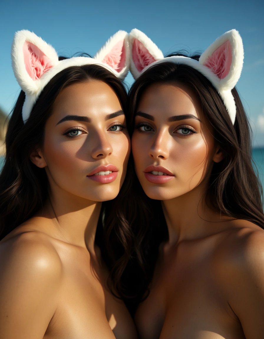 studio quality, sharp focus, couple, presenting, fake animal ears, blue sky, seductive look, hyperrealistic, score_9, score_8, candid photo, realistic skin texture, visible skin pores, film grain, depth of field