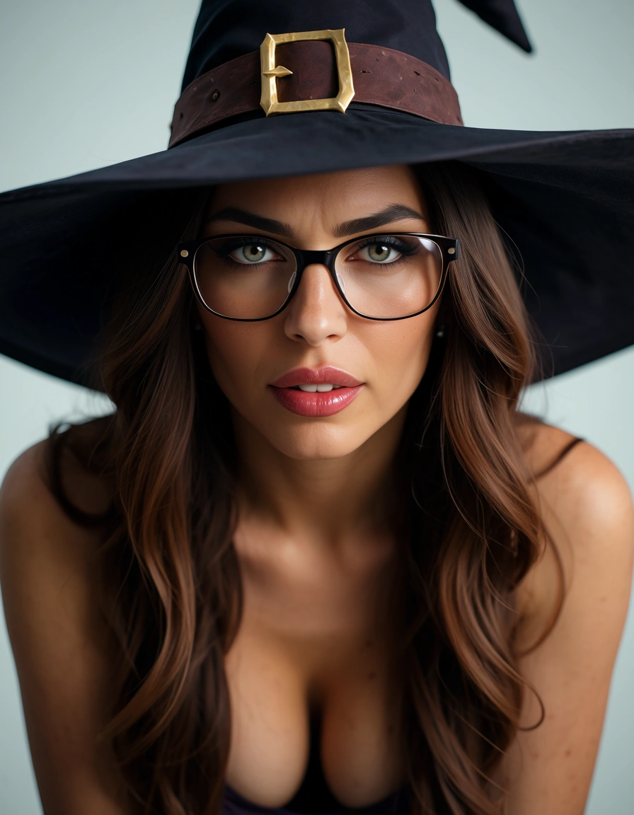 cinematic photo, 8k, witch, doggy style, glasses, transparent background, lustful eyes, 8k uhd photo, score_9, score_8, candid photo, realistic skin texture, visible skin pores, film grain, depth of field