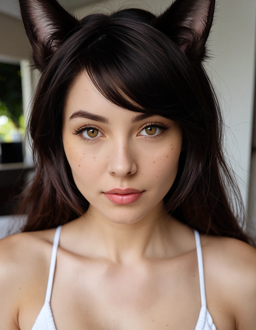 score_9, score_8, @2025, @candid photo, (amateur photography:1.2), (realistic skin texture:1.4), visible skin pores, skin blemishes, goosebumps, natural skin, soft natural lighting, (depth of field), film grain, dslr, film grain, photorealistic, catgirl, swept bangs, swimsuit, presenting, RAW photo