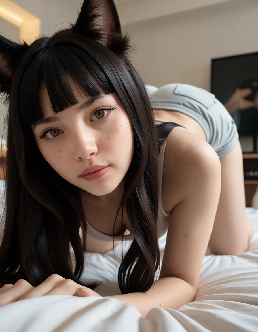 score_9, score_8, @2025, @candid photo, (amateur photography:1.2), (realistic skin texture:1.4), visible skin pores, skin blemishes, goosebumps, natural skin, soft natural lighting, (depth of field), film grain, 8k, sharp focus, detailed skin, catgirl, blunt bangs, shorts, kneeling on bed, cinematic realism