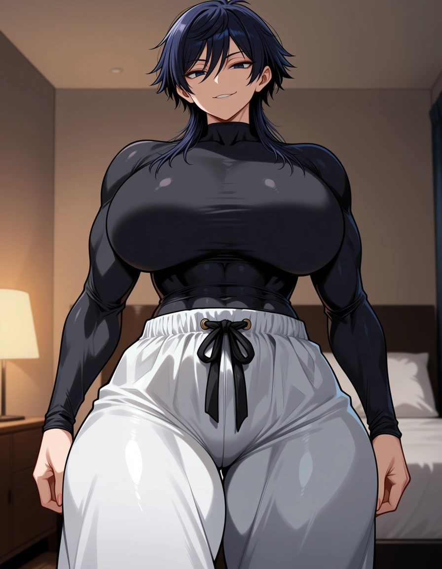 Front view of a genderswapped female version of Toji Fushiguro with a muscular but curvy body, huge breasts, huge ass, and thick thighs. She has black hair in a wolf cut style reaching to the ears along with small dark blue eyes. She wears a tight-fitting black shirt and white baggy training pants with a black belt woven through the waist, standing in a bedroom, with a horny expression and a smirk., hentai_studio_quality