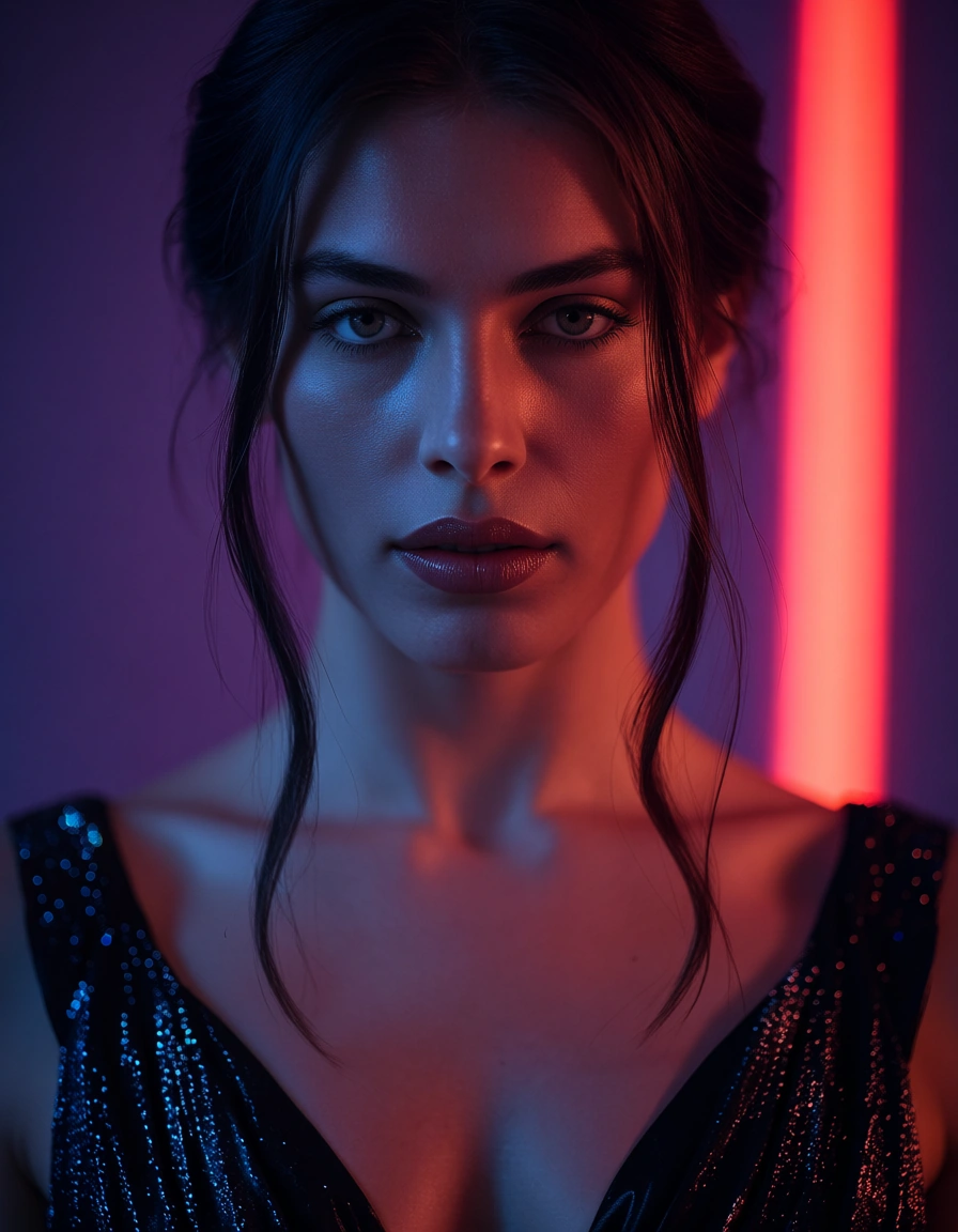 professional photo, high detail, male focus, sidelocks, dress, presenting, neon glow, cinematic realism, score_9, score_8, candid photo, realistic skin texture, visible skin pores, film grain, depth of field