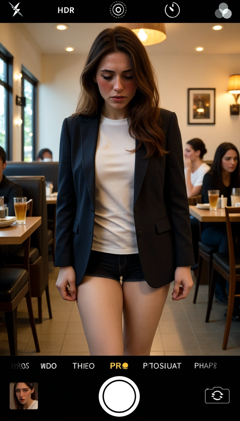 one woman (blazer, short trousers, t-shirt, bare legs, trousers barely visible, shy but somehow horny)
surrounding: restaurant
scene: she rubs herself against a patron