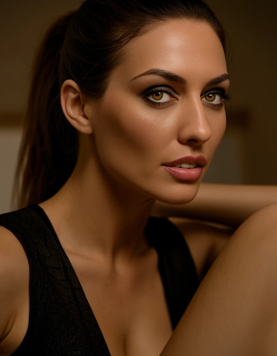 ultra HD, lifelike, succubus, ponytail, sleeveless, leg up, warm tones, hyperrealistic, score_9, score_8, candid photo, realistic skin texture, visible skin pores, film grain, depth of field