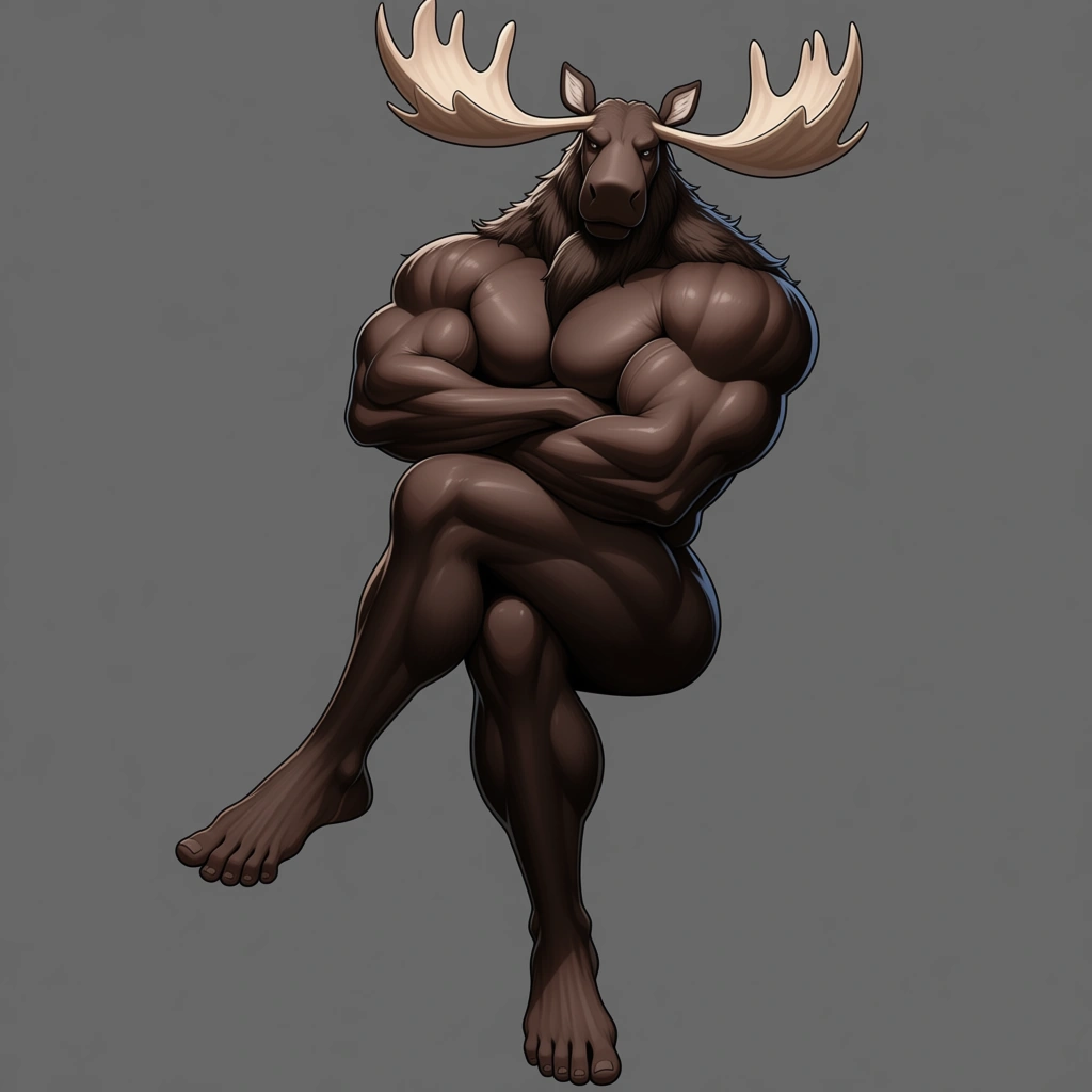 Nude buff male anthro moose, big and huge muscles, dark brown body, arms crossed, legs crossed, humanoid feet, 5 toes, sitting, gray simple background, solo, hentai_studio_quality, hentai_studio_quality