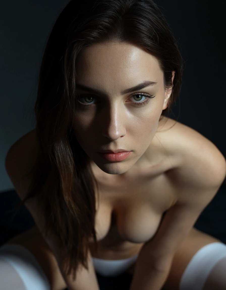 sharp focus, 8k uhd, milf, facesitting, white thighhighs, mysterious vibe, natural skin texture, score_9, score_8, candid photo, realistic skin texture, visible skin pores, film grain, depth of field