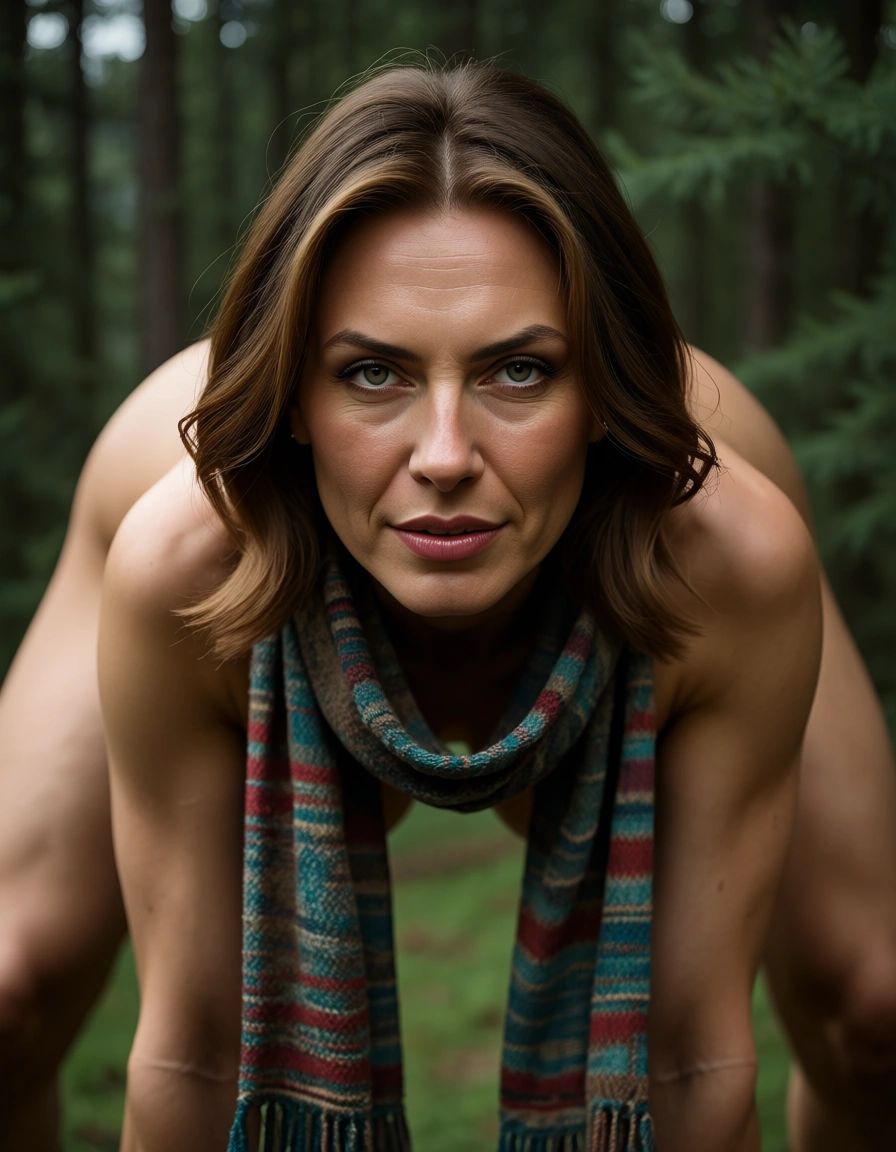 RAW photo, ultra realistic, mature female, 69 position, scarf, tree, wild energy, natural skin texture, score_9, score_8, candid photo, realistic skin texture, visible skin pores, film grain, depth of field
