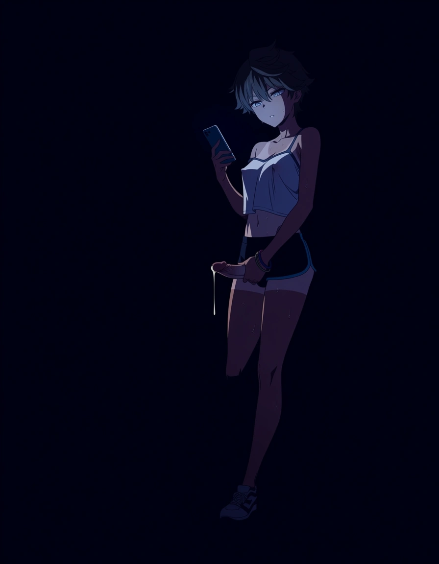 (anime style:1.3), 2d, anime screencap, cel shading, flat color, (Becky*Blackbell, tan lines: 1.3), very shorthair, (very shortheight: 1.3), holding smartphone, look at smartphone, horny, aroused, in heat, loose camisole, loose athleticshorts, collarbone, waist bone, veryskinny, thighslim thigh, erect nipple, scrunchie bangle, standing, back to wall, dark alley, dark, sweaty, backlit, hard shadow, uncensored, (high angle: 1.3), (viewer POV, visible viewer penis, viewer hand on penis, penis leaking cum: 1.3)