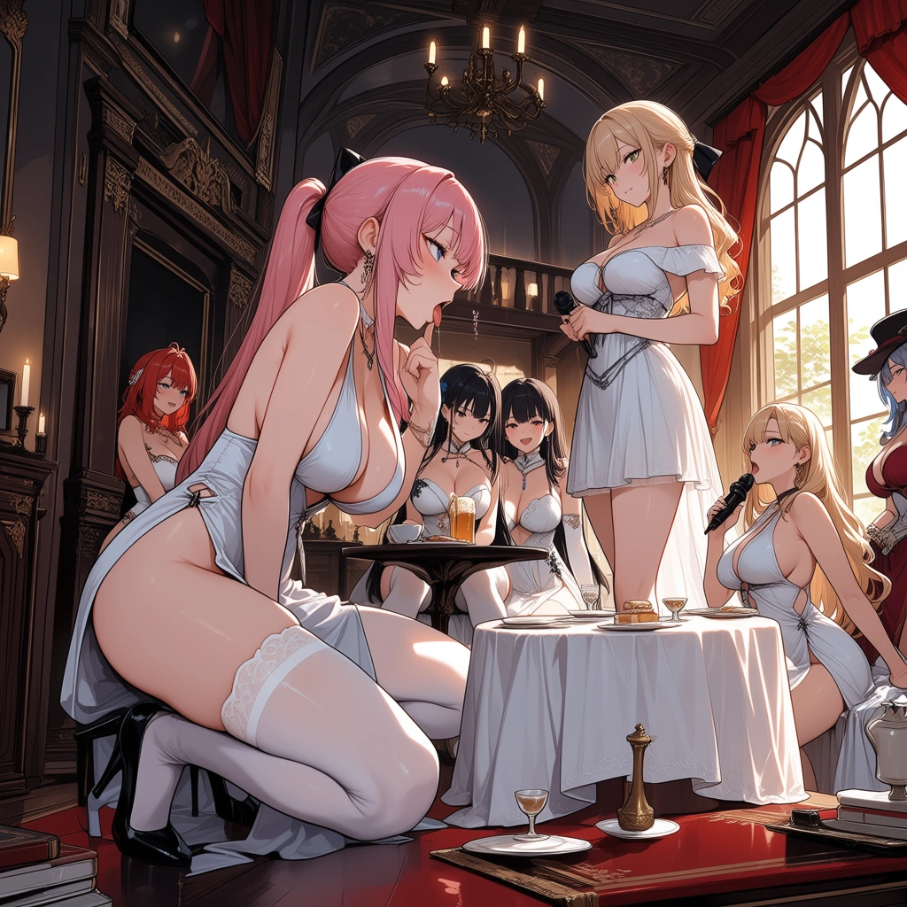 ultra detailed shading, 6+girls, white thighhighs, dress, fellatio , visual novel art