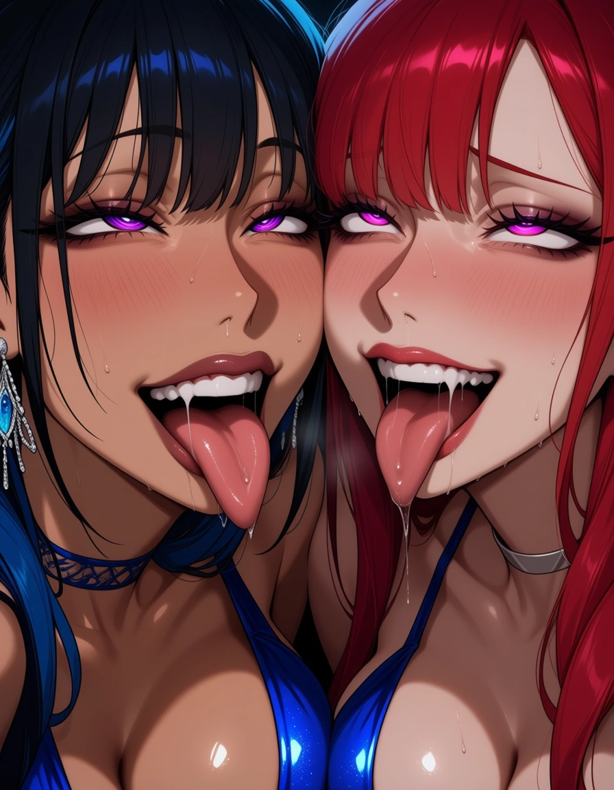 ultra detailed shading, 2girls, cocktail dress, ahegao, close-up, hentai style, hentai_studio_quality