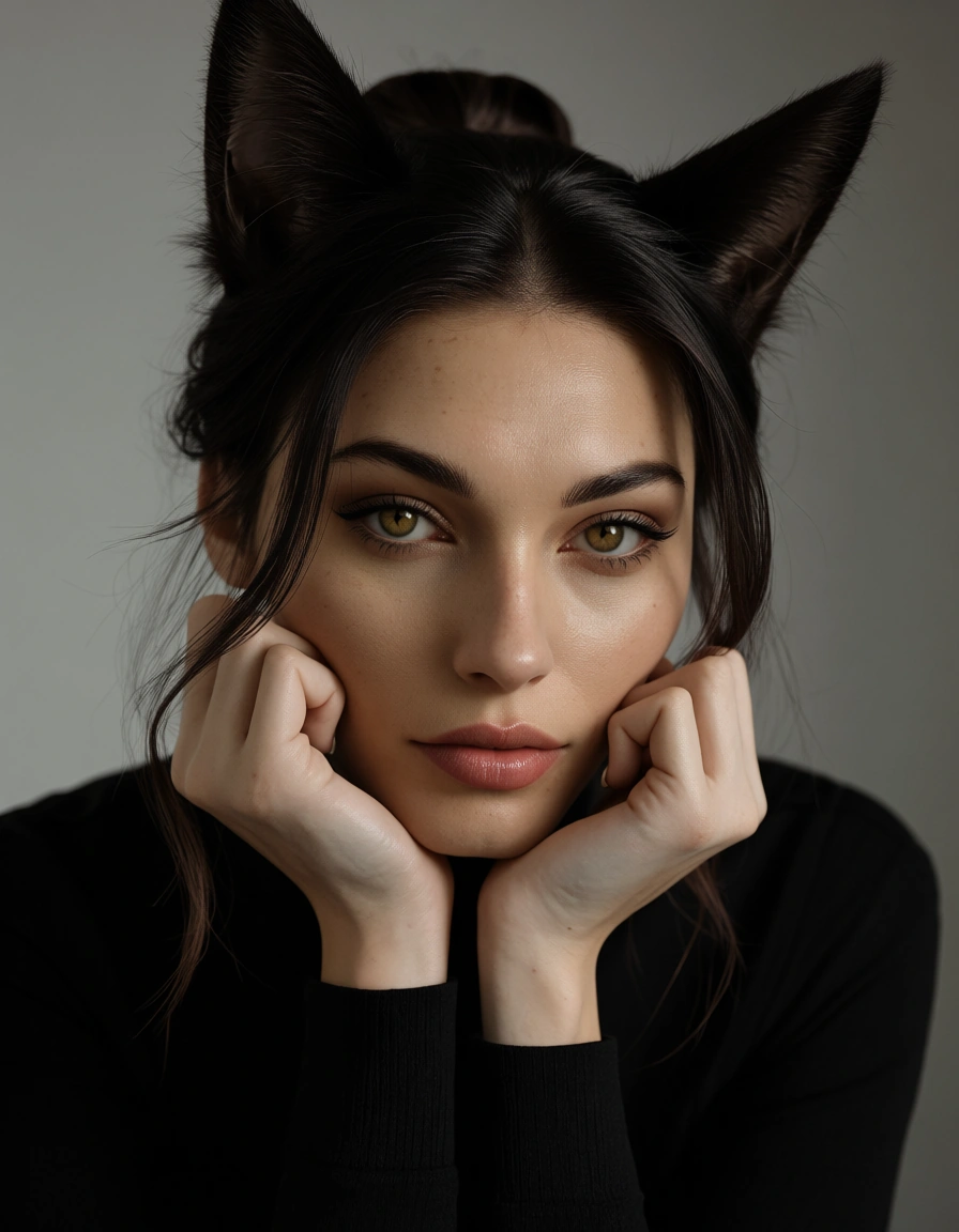 best quality, hyperrealistic, catgirl, hair bun, long sleeves, presenting, lifelike render, score_9, score_8, candid photo, realistic skin texture, visible skin pores, film grain, depth of field