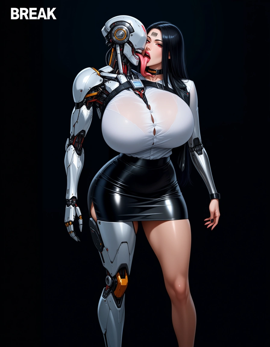 mechanical arms and legs woman (white shirt, black leather miniskirt, long black fringe hair, makeup, red_eyes, big lips, electronic collar, barcode tattoo on her forehead, gigantic huge breasts, thick thighs, standing_up), FIRST PERSON VIEW, kissing with long tongue the viewer, face to face. BREAK : in a office room, realistic, hentai_studio_quality