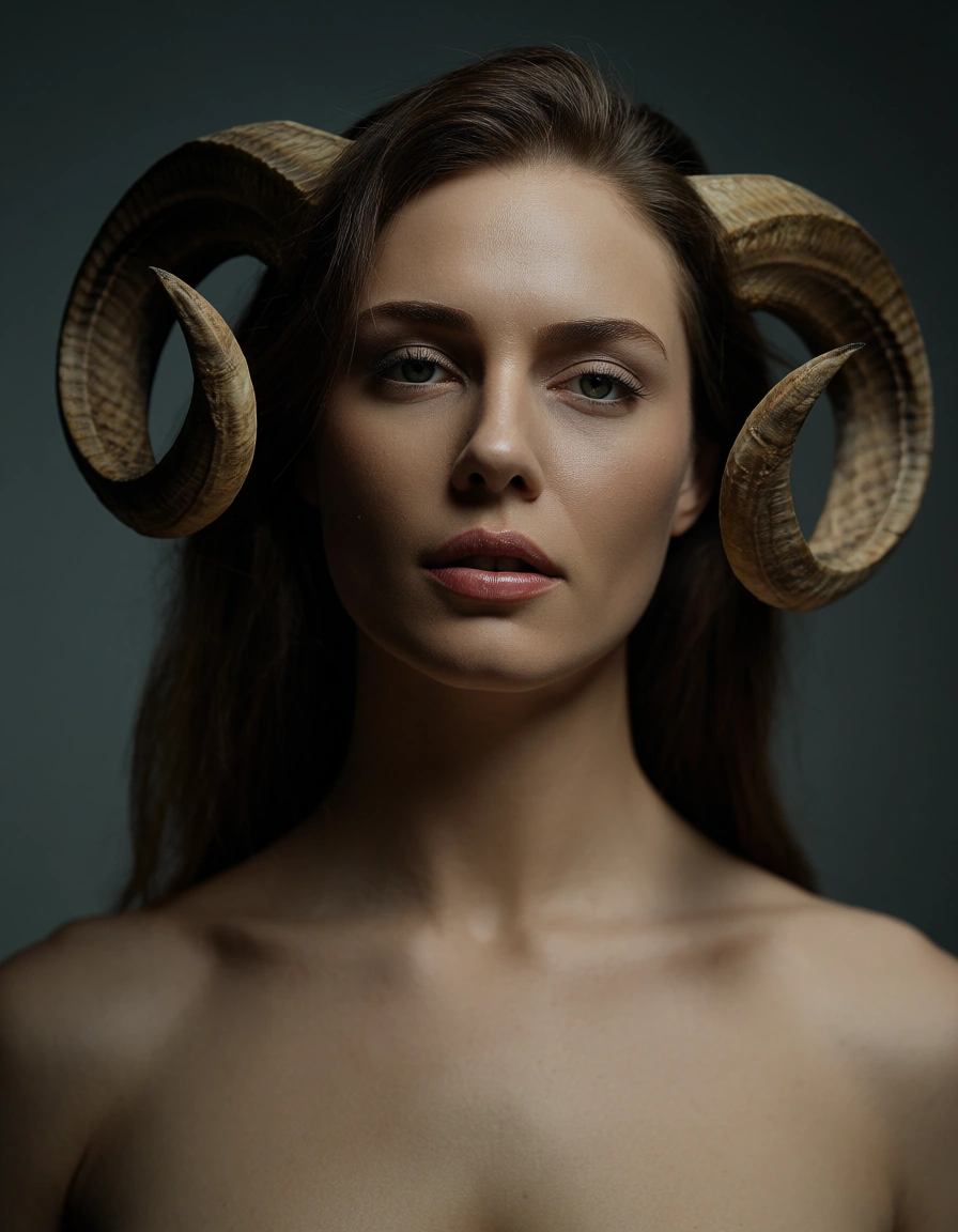ultra HD, lifelike, solo, horns, fully nude, film photography, score_9, score_8, candid photo, realistic skin texture, visible skin pores, film grain, depth of field