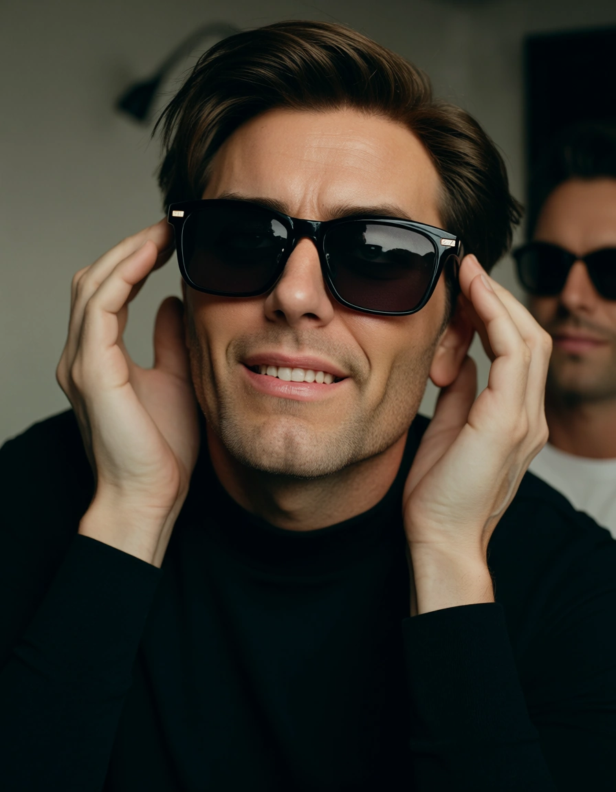 highly detailed, natural lighting, 2boys, sunglasses, long sleeves, biting lip, ahegao, soft lighting, film photography, score_9, score_8, candid photo, realistic skin texture, visible skin pores, film grain, depth of field